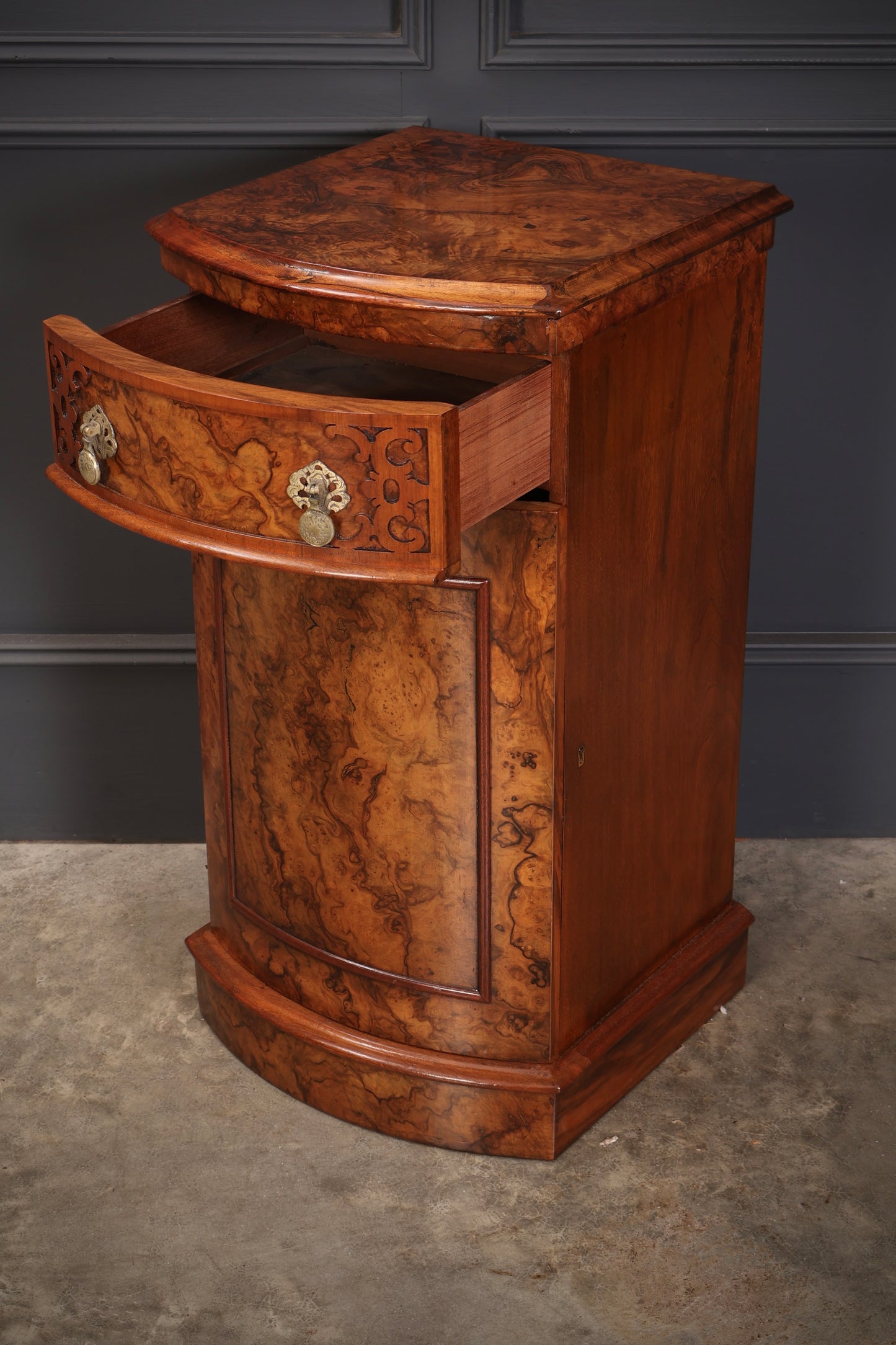 Pair of Burr Walnut Bow Front Bedside Cabinets