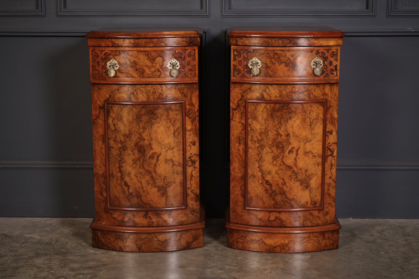 Pair of Burr Walnut Bow Front Bedside Cabinets