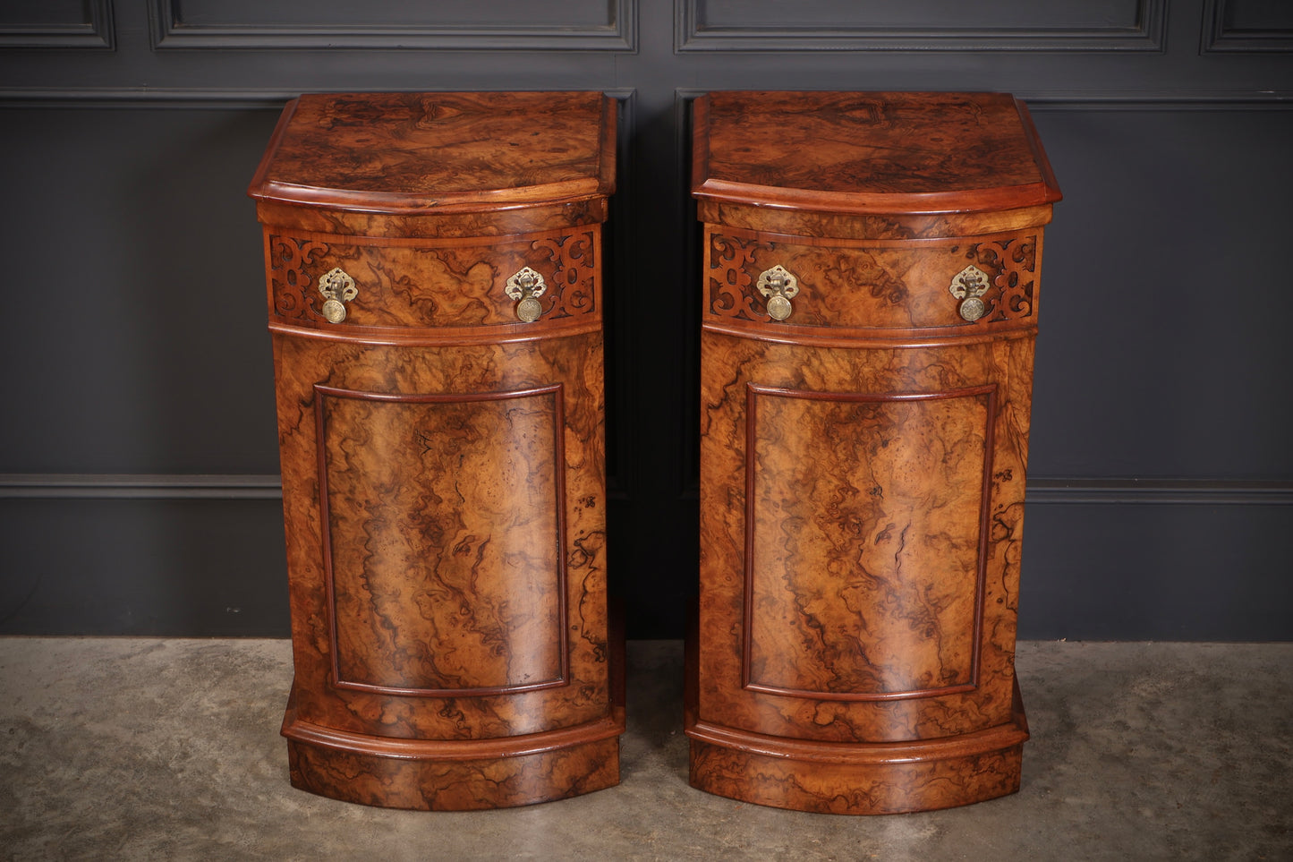 Pair of Burr Walnut Bow Front Bedside Cabinets