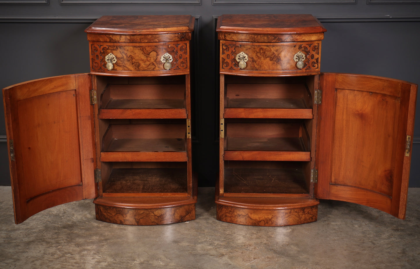 Pair of Burr Walnut Bow Front Bedside Cabinets