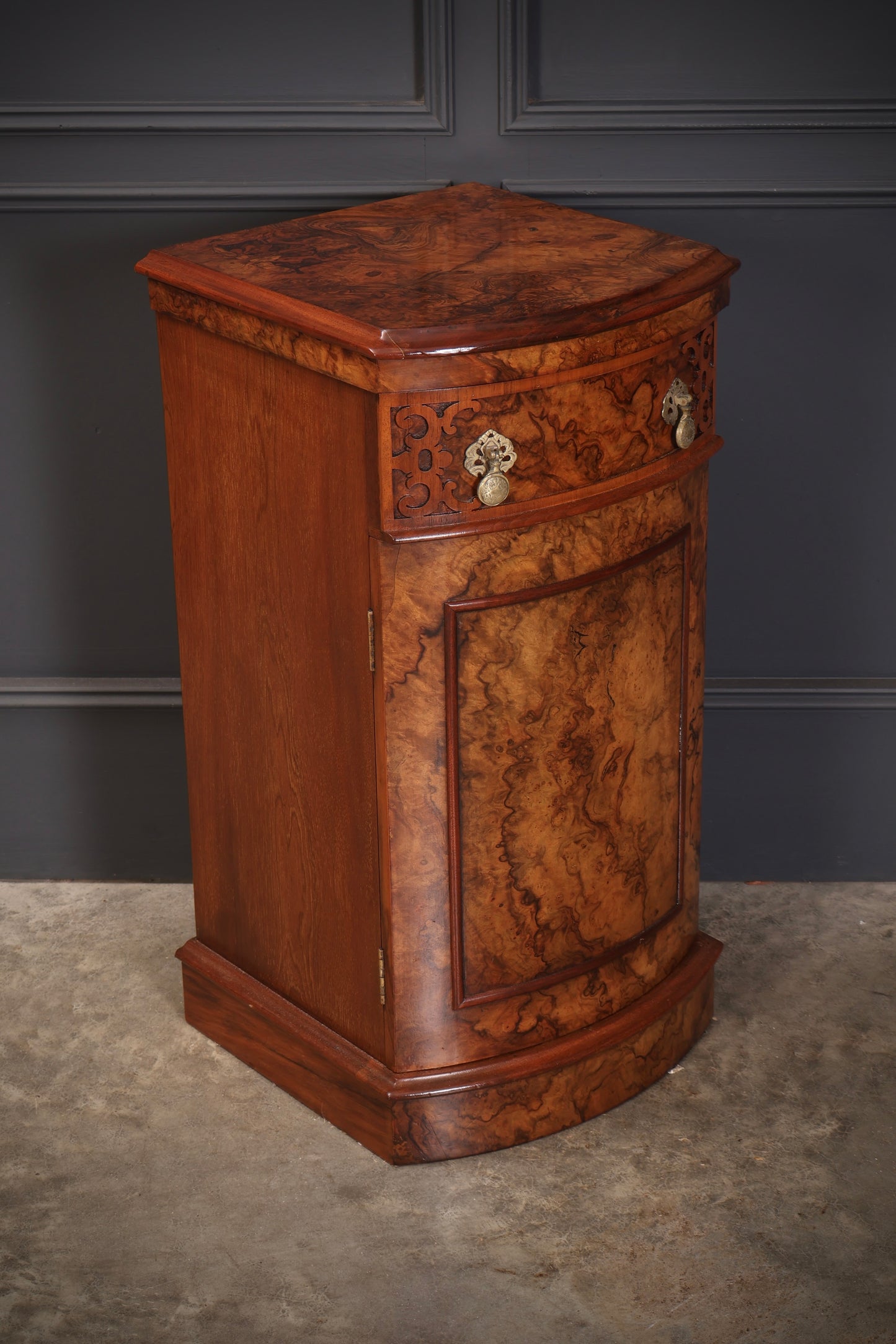 Pair of Burr Walnut Bow Front Bedside Cabinets