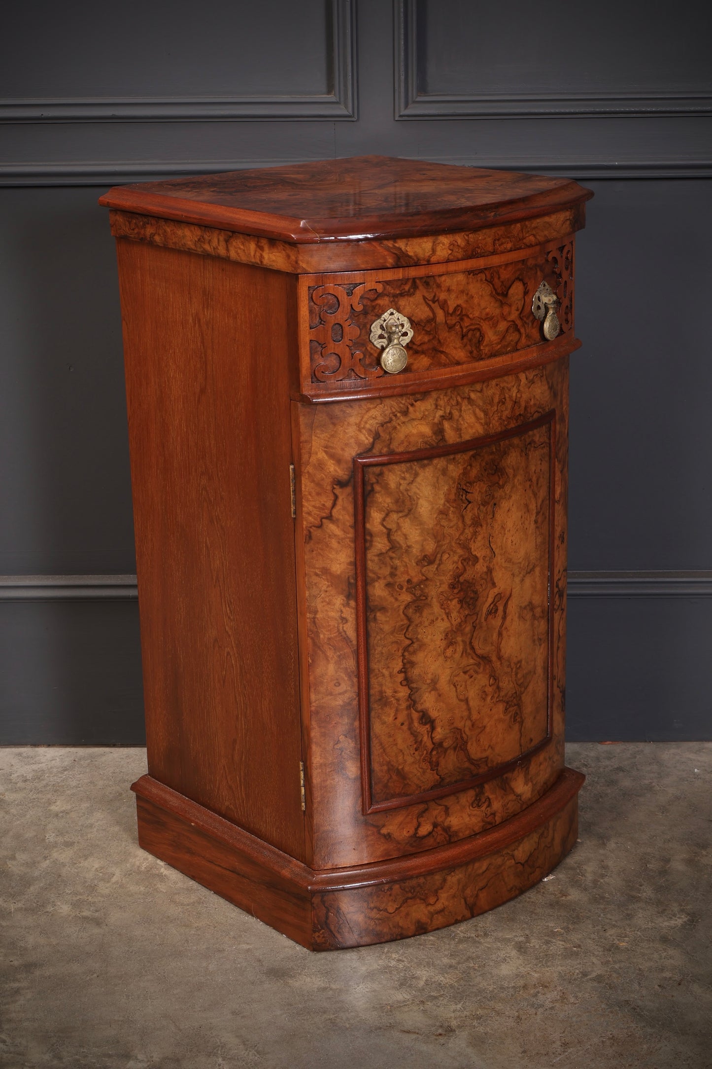 Pair of Burr Walnut Bow Front Bedside Cabinets