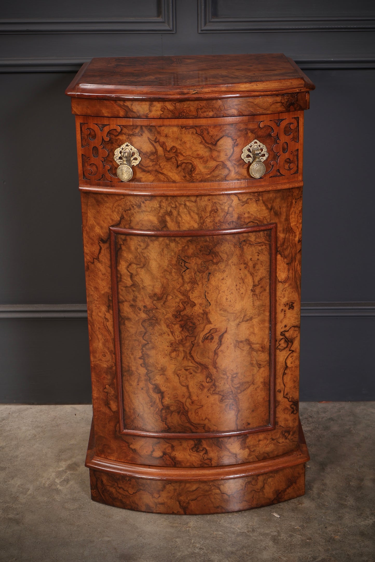 Pair of Burr Walnut Bow Front Bedside Cabinets