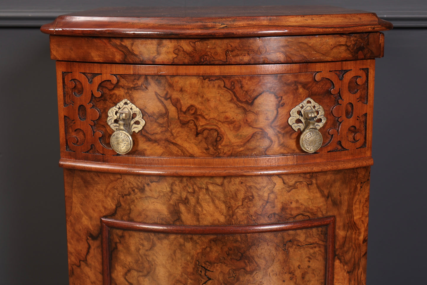 Pair of Burr Walnut Bow Front Bedside Cabinets