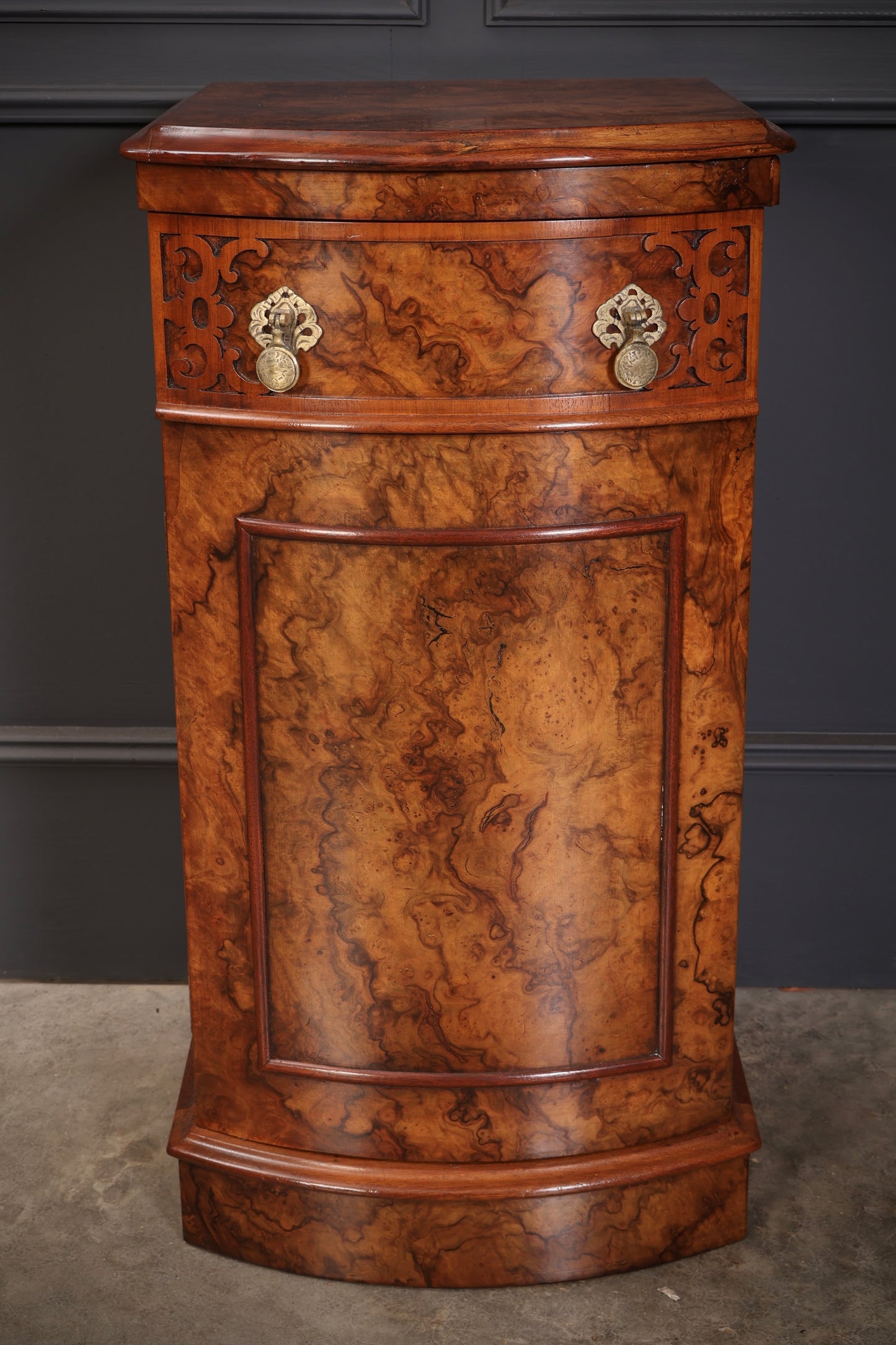 Pair of Burr Walnut Bow Front Bedside Cabinets