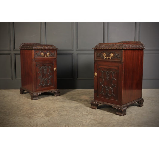 Pair of Chippendale Style Carved Mahogany Bedside Cabinets