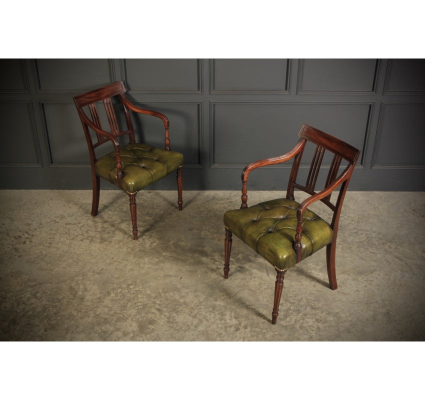 Pair of Georgian Mahogany & Buttoned Green Leather Armchairs