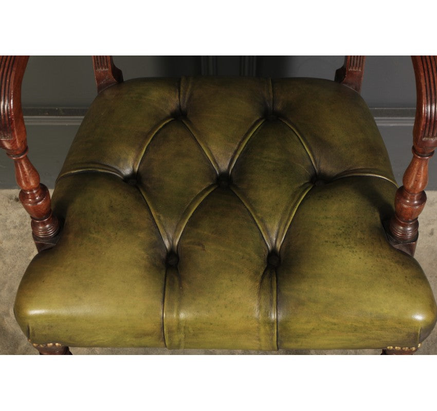 Pair of Georgian Mahogany & Buttoned Green Leather Armchairs