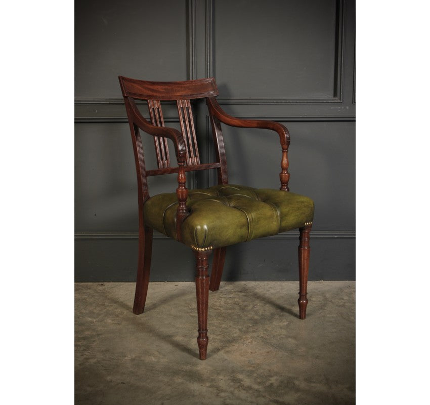 Pair of Georgian Mahogany & Buttoned Green Leather Armchairs