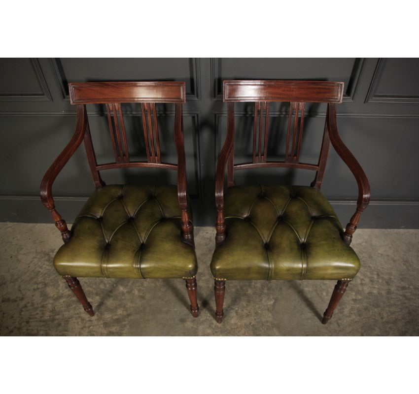 Pair of Georgian Mahogany & Buttoned Green Leather Armchairs