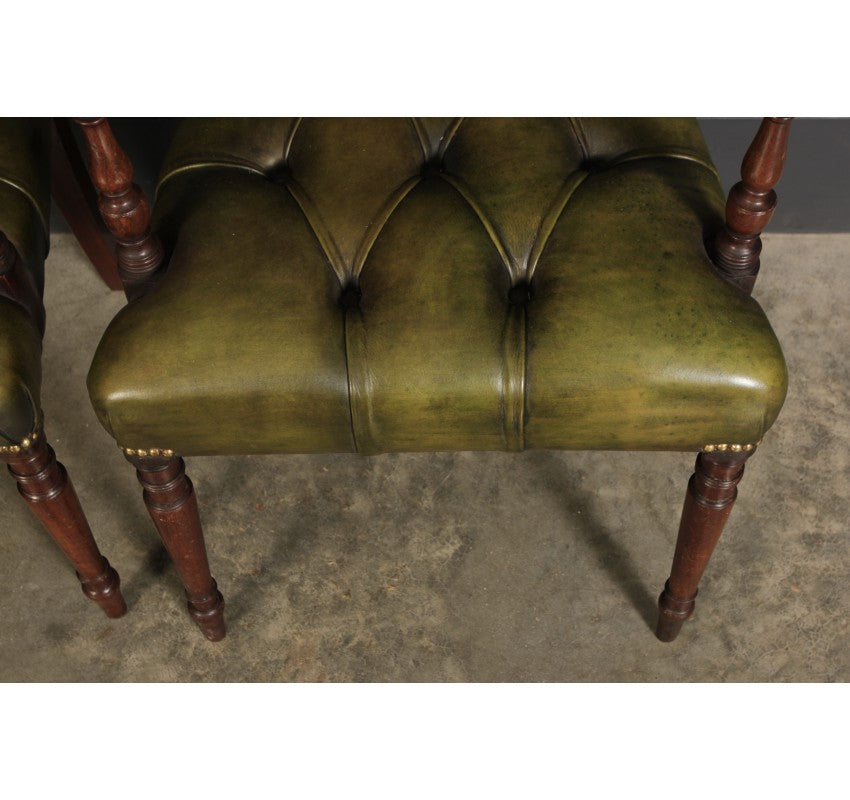 Pair of Georgian Mahogany & Buttoned Green Leather Armchairs