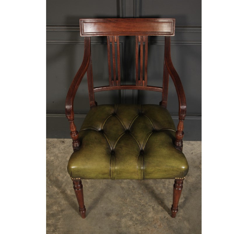 Pair of Georgian Mahogany & Buttoned Green Leather Armchairs