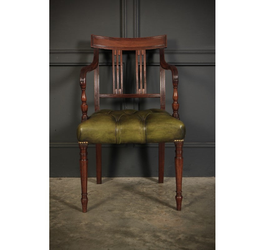 Pair of Georgian Mahogany & Buttoned Green Leather Armchairs