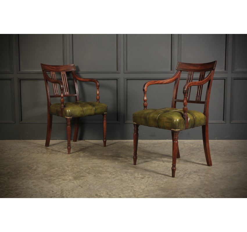 Pair of Georgian Mahogany & Buttoned Green Leather Armchairs