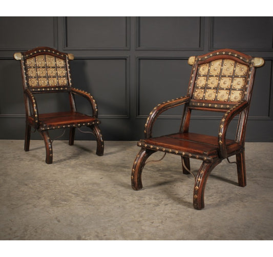 Pair of Indian Hardwood & Brass Chairs