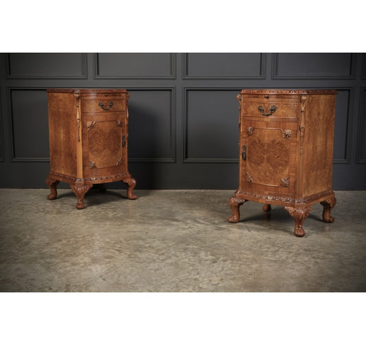 Pair of Queen Anne Style Burr Walnut Bedside Cabinets