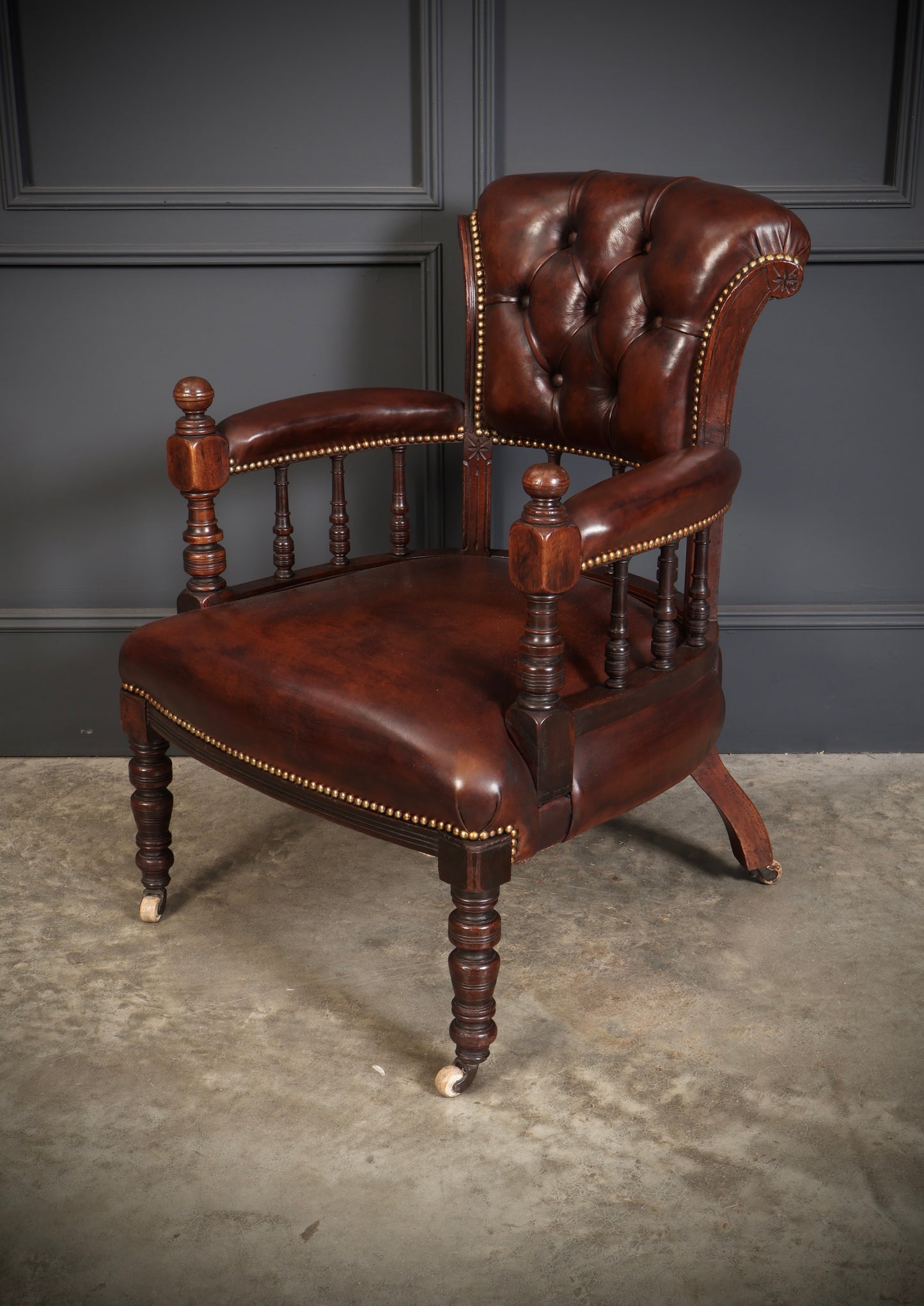 Pair of Victorian Mahogany & Buttoned Leather Captains Desk Chairs