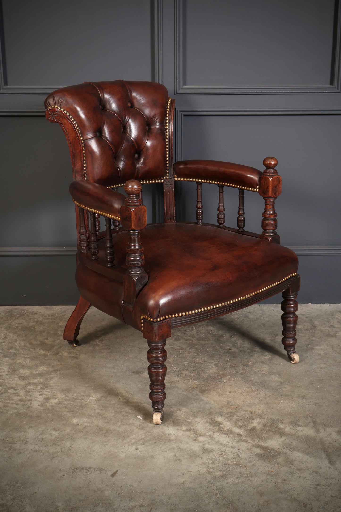 Pair of Victorian Mahogany & Buttoned Leather Captains Desk Chairs