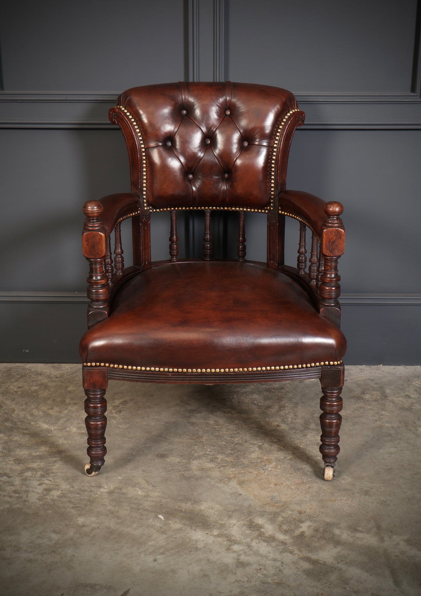 Pair of Victorian Mahogany & Buttoned Leather Captains Desk Chairs