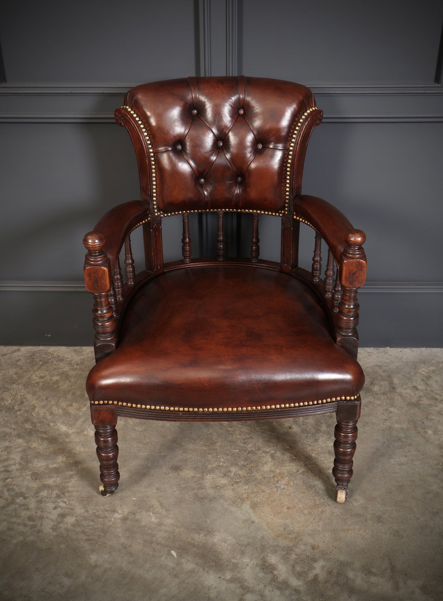 Pair of Victorian Mahogany & Buttoned Leather Captains Desk Chairs