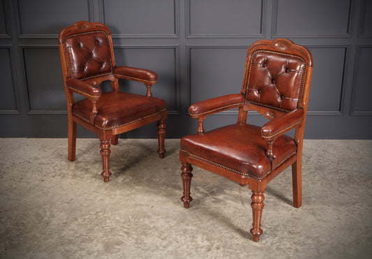 Pair of Walnut & Leather Library Desk Chairs by 'Lamb Manchester'