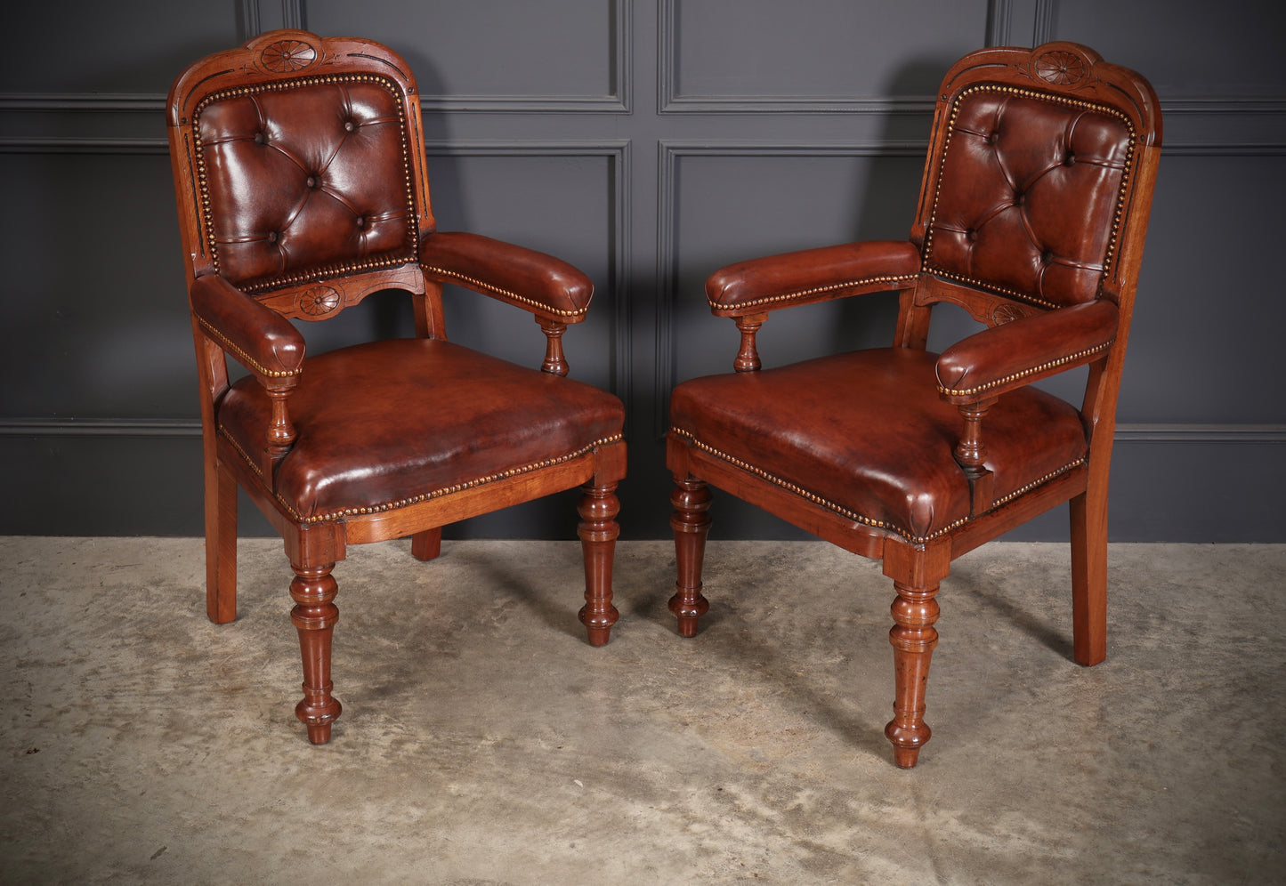 Pair of Walnut & Leather Library Desk Chairs by 'Lamb Manchester'