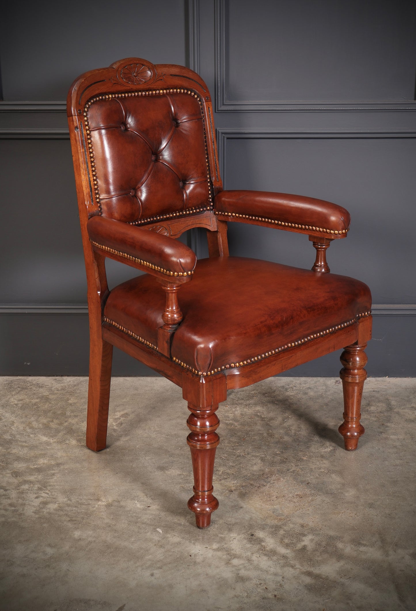 Pair of Walnut & Leather Library Desk Chairs by 'Lamb Manchester'