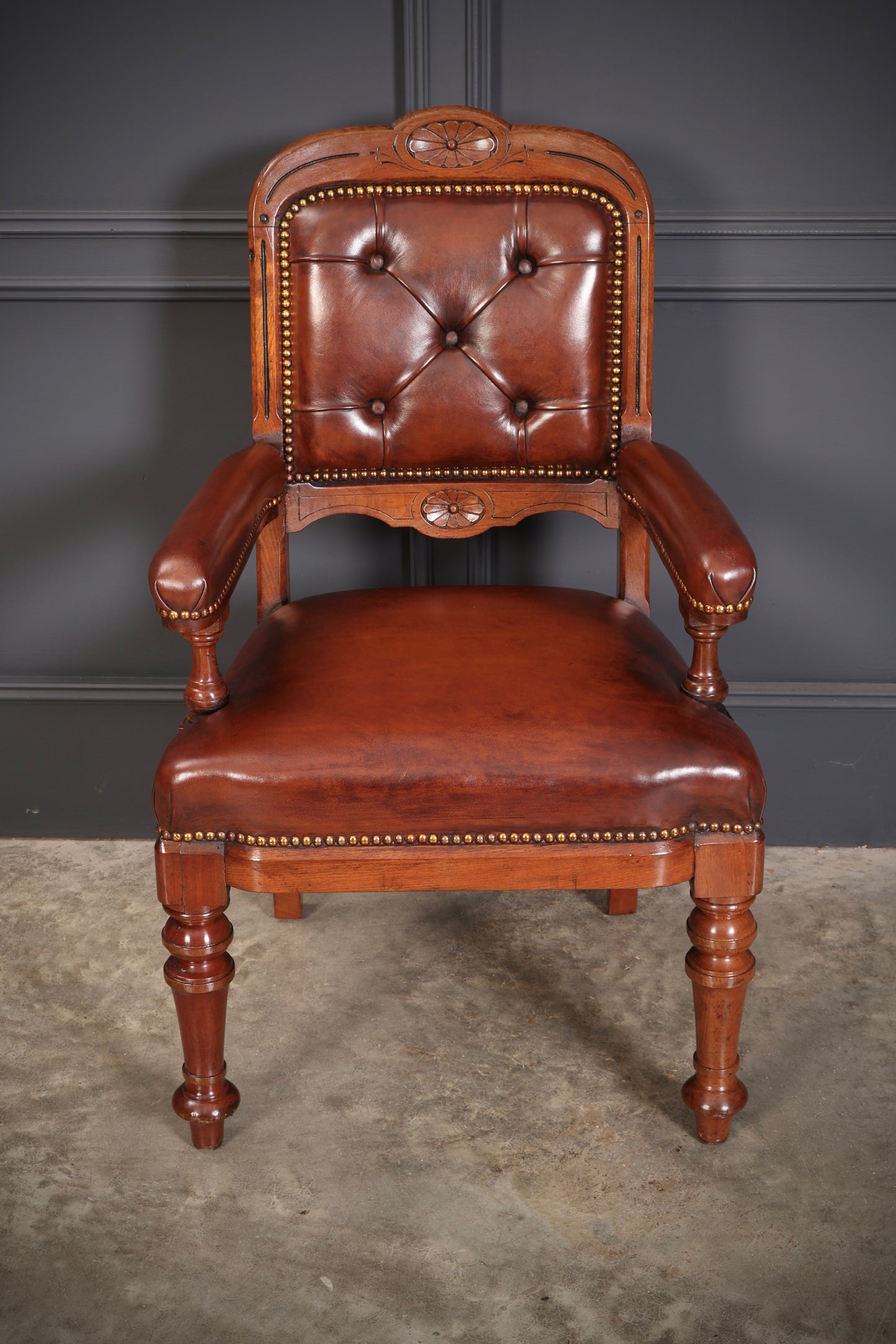 Pair of Walnut & Leather Library Desk Chairs by 'Lamb Manchester'