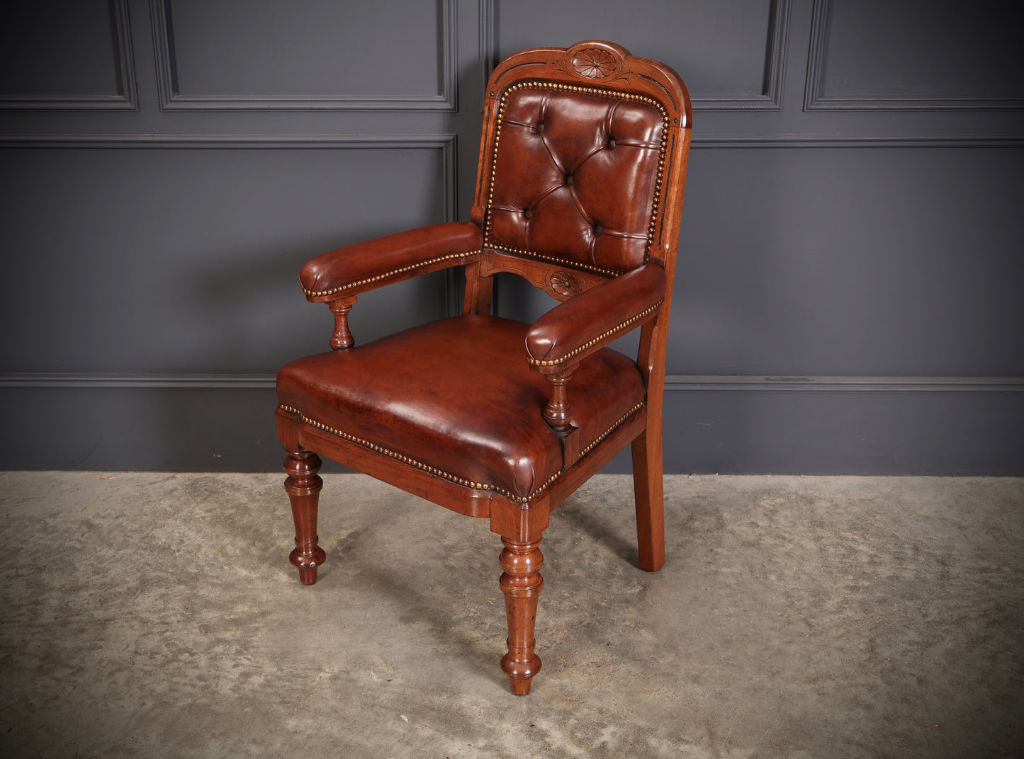 Pair of Walnut & Leather Library Desk Chairs by 'Lamb Manchester'