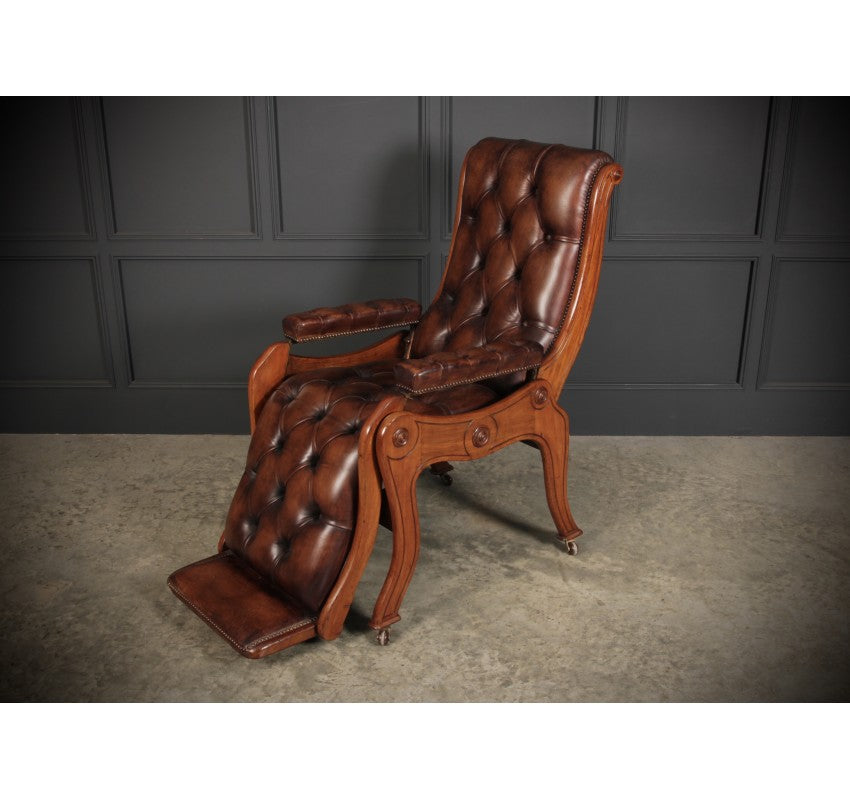 Rare Mahogany & Buttoned Brown Leather Reclining Chair