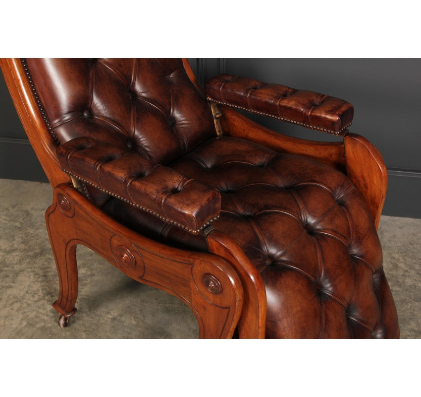 Rare Mahogany & Buttoned Brown Leather Reclining Chair