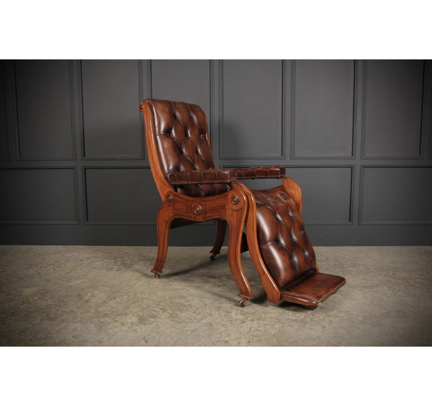 Rare Mahogany & Buttoned Brown Leather Reclining Chair