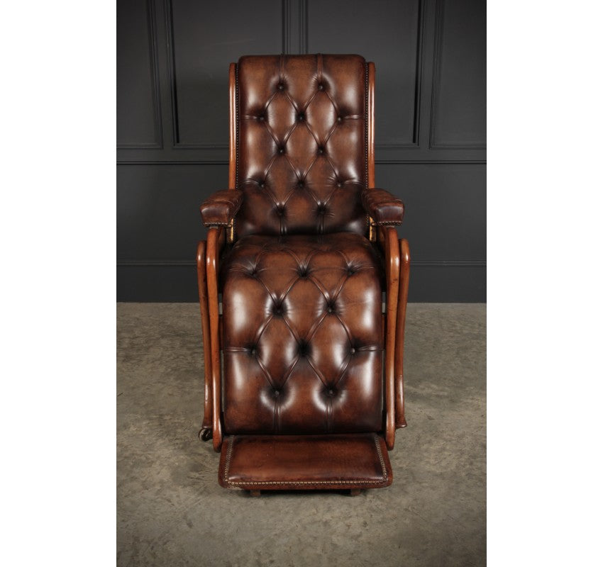 Rare Mahogany & Buttoned Brown Leather Reclining Chair