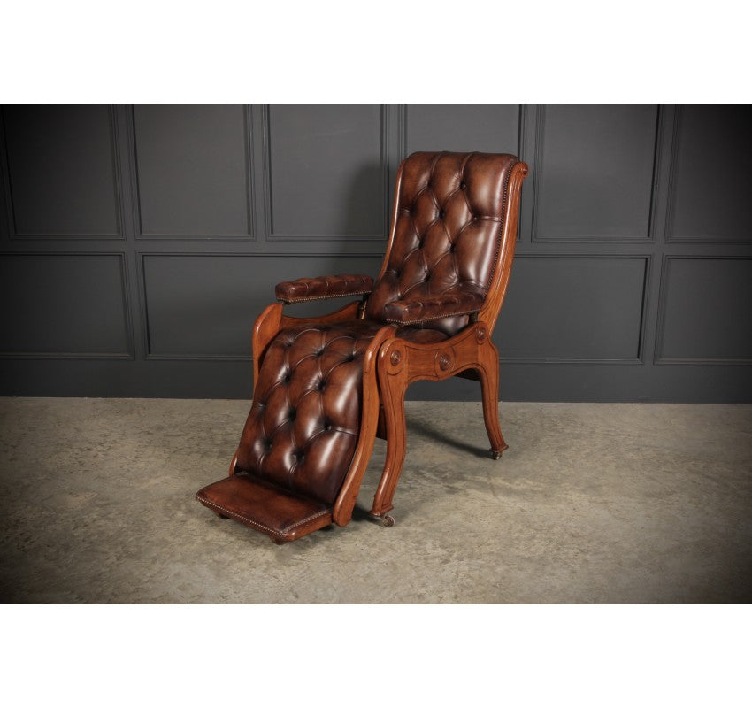 Rare Mahogany & Buttoned Brown Leather Reclining Chair