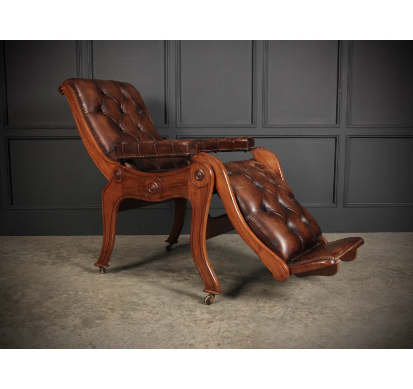 Rare Mahogany & Buttoned Brown Leather Reclining Chair