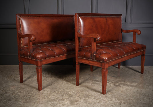 Rare Pair of Regency Mahogany & Leather Hall Benches