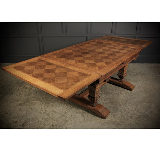 Solid Oak Parquetry Top Extending Dining Table