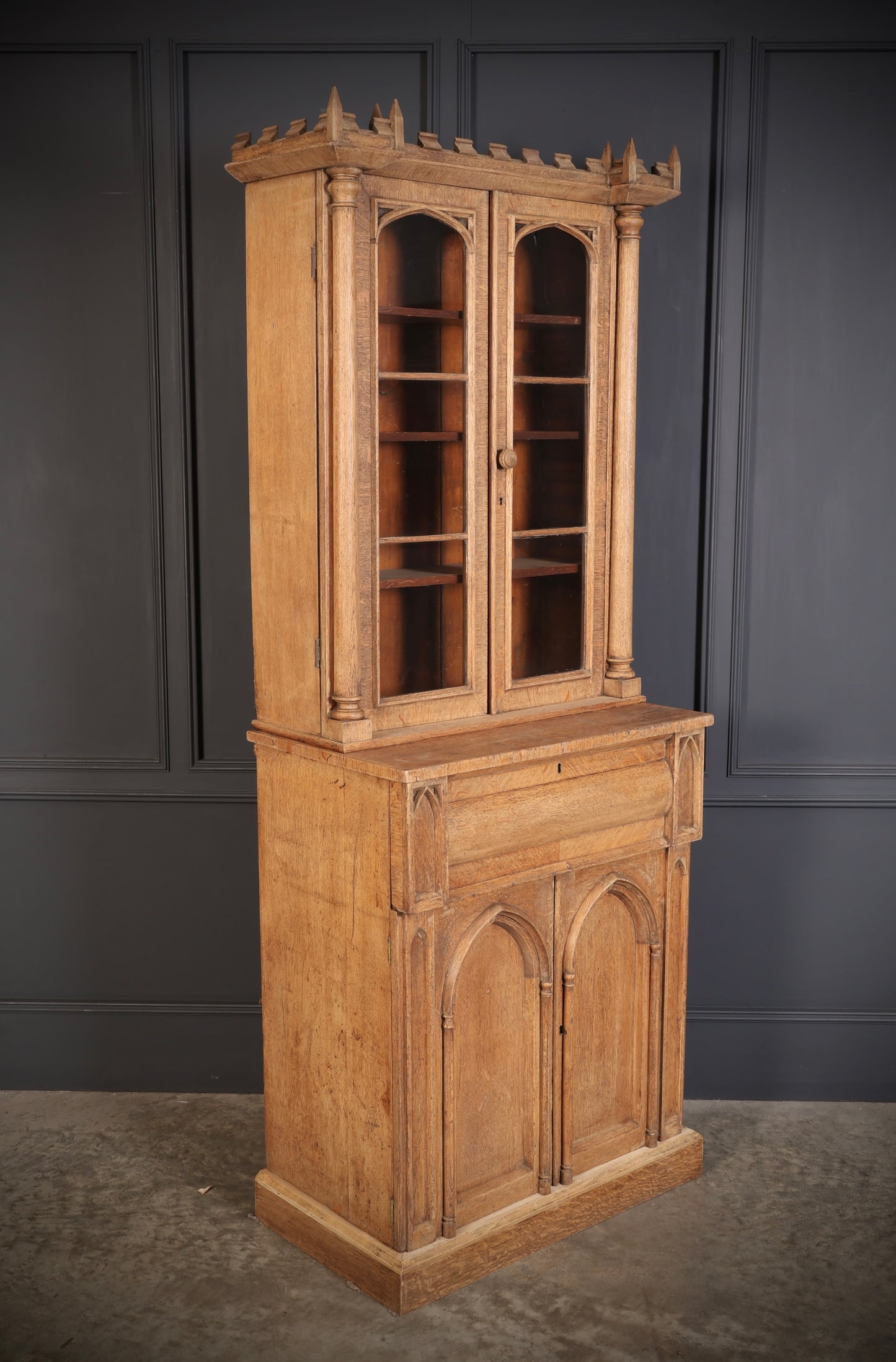 Victorian Bleached Oak Secretaire Bookcase