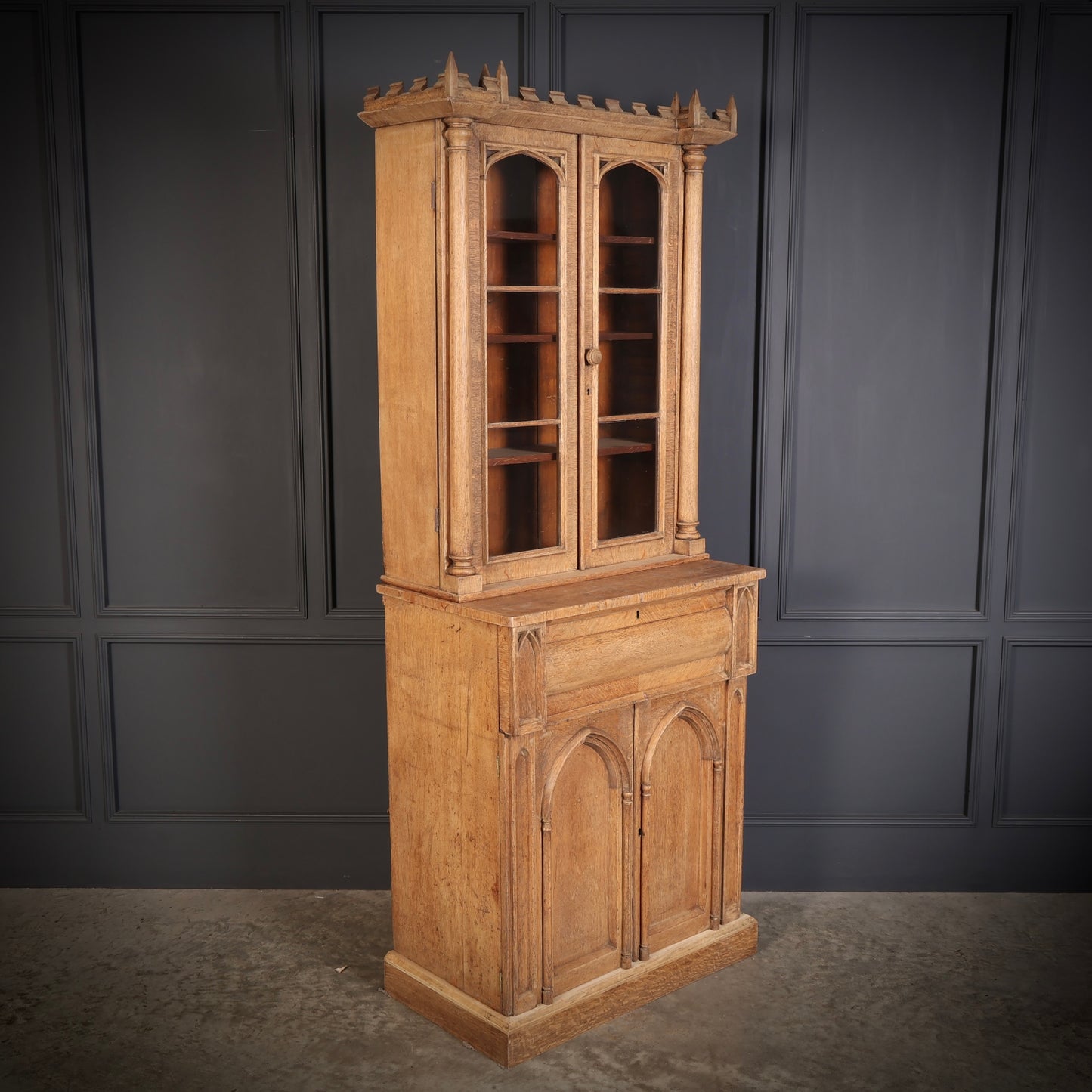 Victorian Bleached Oak Secretaire Bookcase