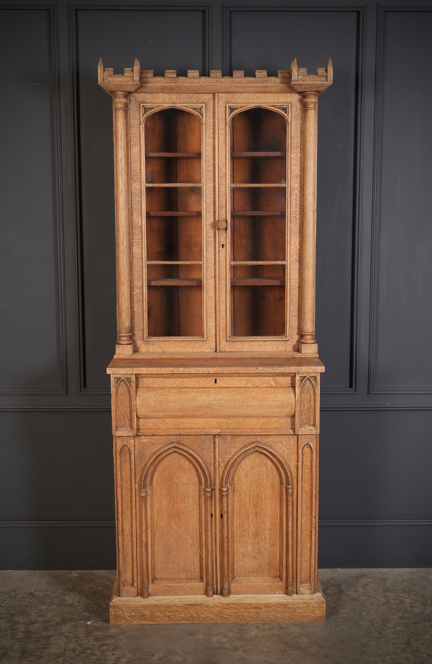 Victorian Bleached Oak Secretaire Bookcase