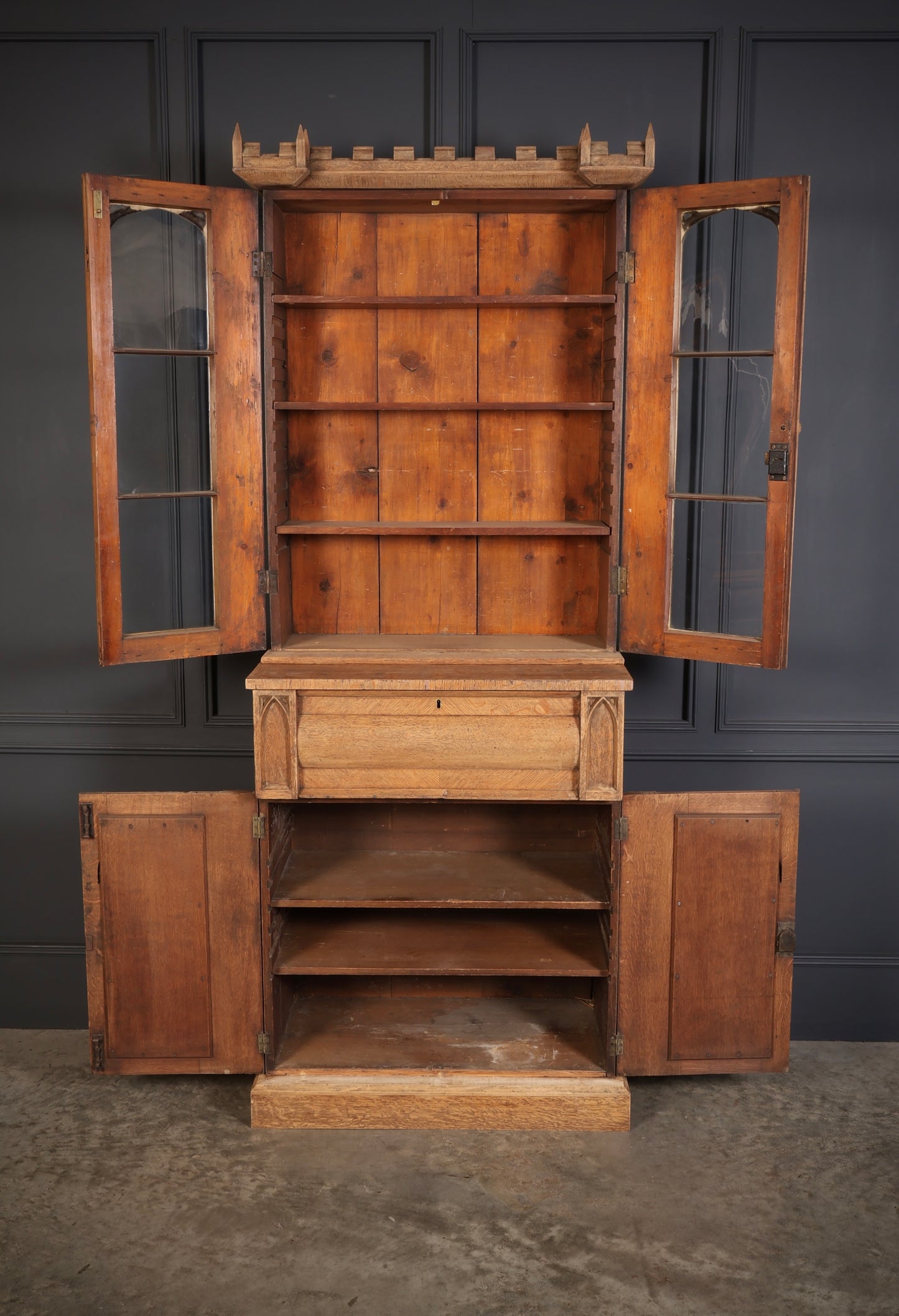 Victorian Bleached Oak Secretaire Bookcase