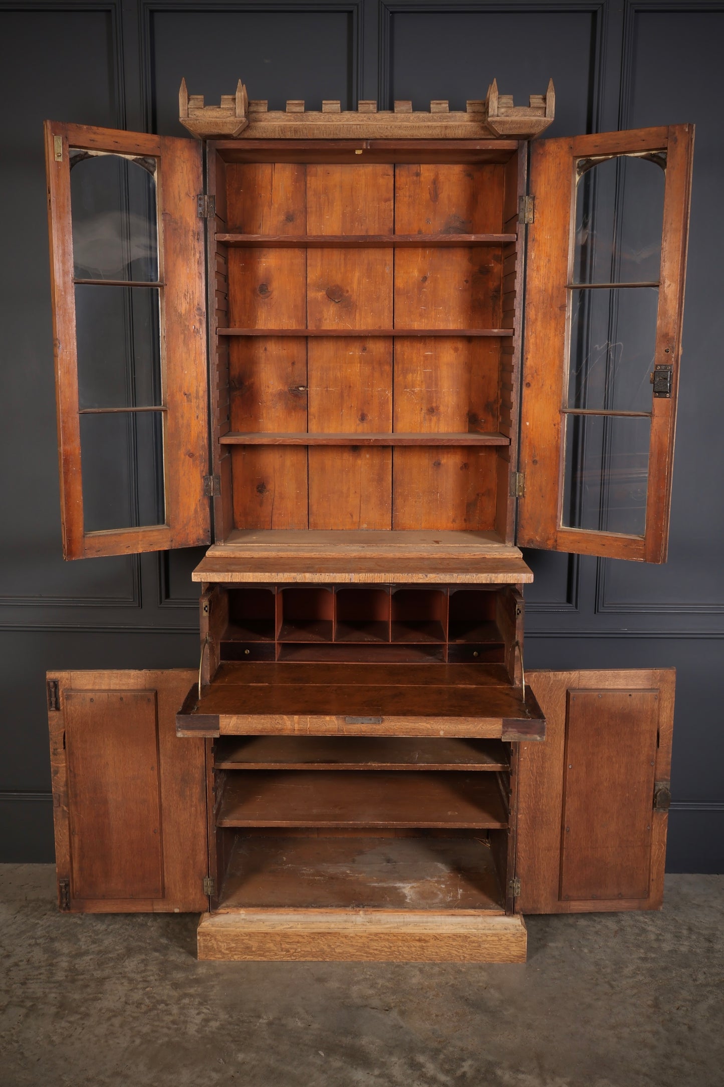 Victorian Bleached Oak Secretaire Bookcase