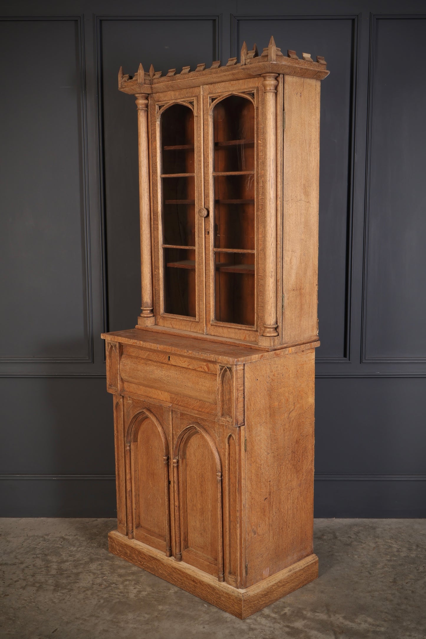 Victorian Bleached Oak Secretaire Bookcase