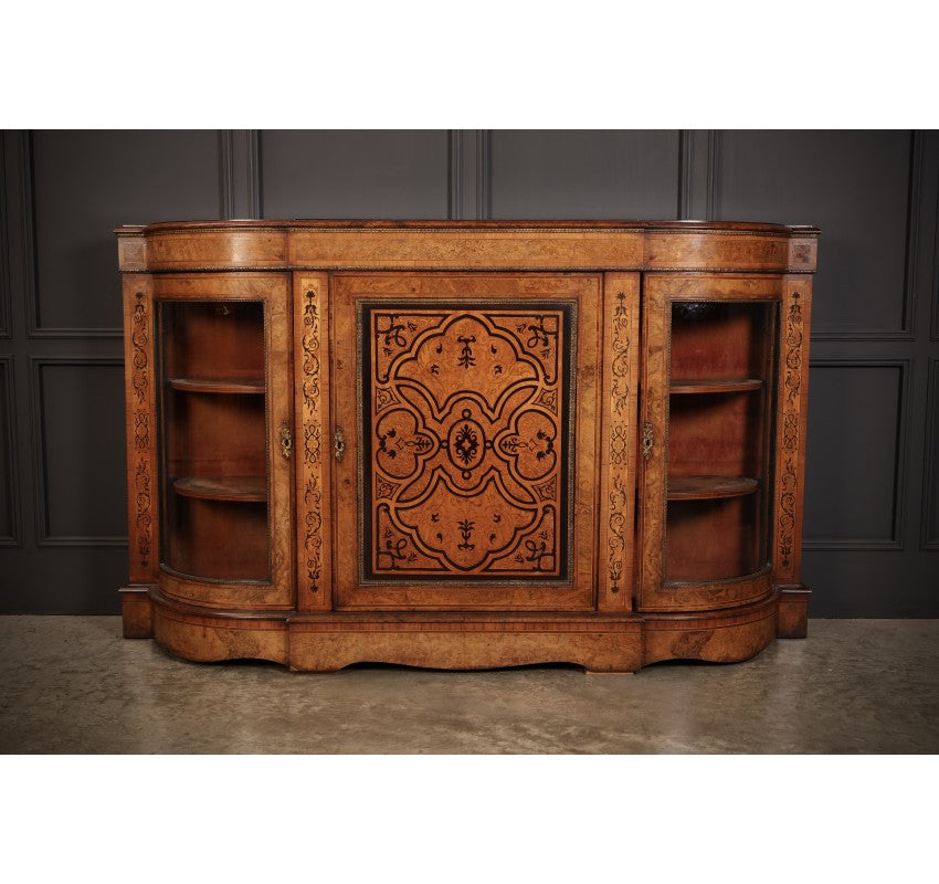 Victorian Burr Walnut Marquetry Inlaid Credenza