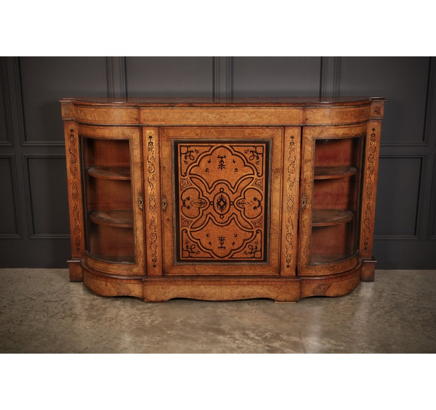 Victorian Burr Walnut Marquetry Inlaid Credenza