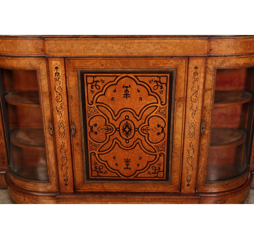 Victorian Burr Walnut Marquetry Inlaid Credenza