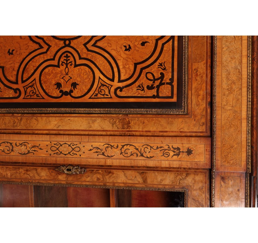 Victorian Burr Walnut Marquetry Inlaid Credenza