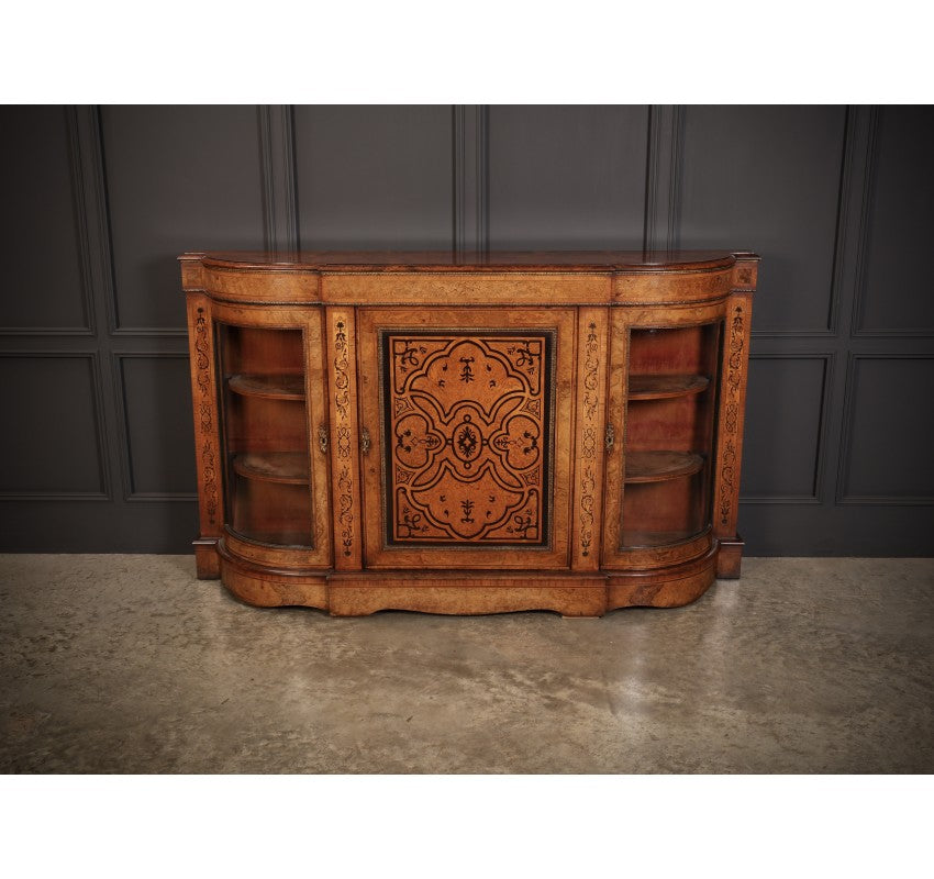 Victorian Burr Walnut Marquetry Inlaid Credenza