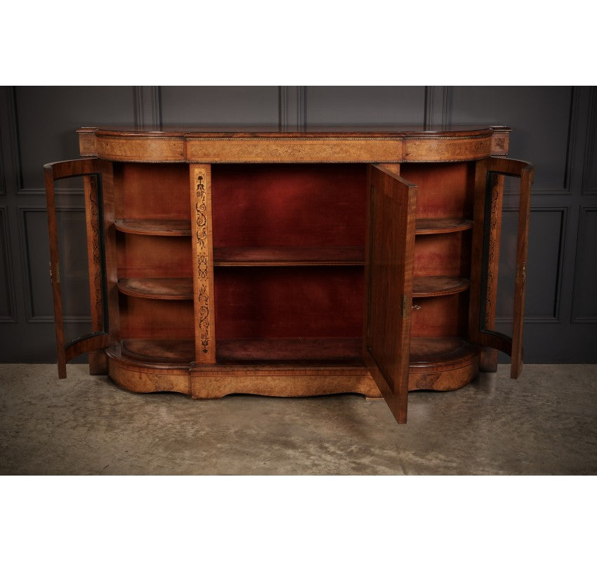 Victorian Burr Walnut Marquetry Inlaid Credenza