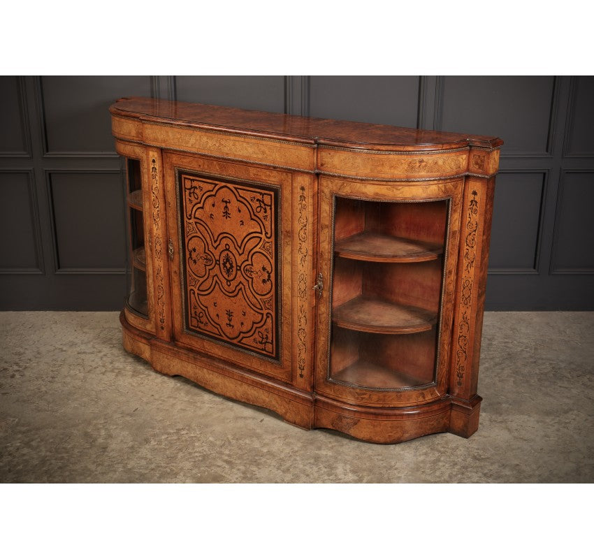 Victorian Burr Walnut Marquetry Inlaid Credenza